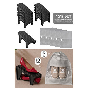 15'li Set - 10 Tekli Ayakkabı Rampası Ve 5 Ayakkabı Organizer Hurc