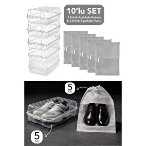 10'lu Set - 5 Adet Erkek Ayakkabı Kutusu Ve 5 Adet Ayakkabı Saklama Hurcu Düzenleyici Organizer