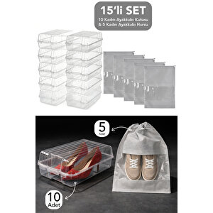 15'li Set - 10 Adet Kadın Ayakkabı Kutusu Ve 5 Adet Ayakkabı Saklama Hurcu Düzenleyici Organizer