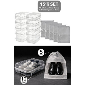 15'li Set - 10 Adet Erkek Ayakkabı Kutusu Ve 5 Adet Ayakkabı Saklama Hurcu Düzenleyici Organizer