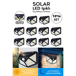 10 Adet Güneş Enerjili Duvar Lambası - Solar 100 Led Işık 3 Modlu Hareket Sensörlü Bahçe Aydınlatma