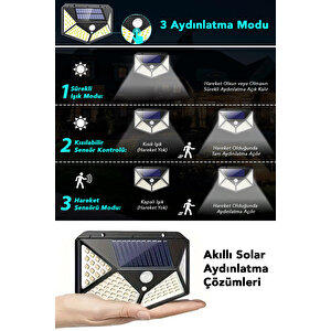 10 Adet Güneş Enerjili Duvar Lambası - Solar 100 Led Işık 3 Modlu Hareket Sensörlü Bahçe Aydınlatma