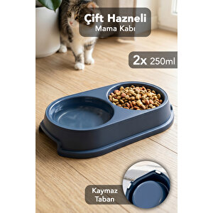 250ml Çift Hazneli Mama Kabı - Kedi Köpek Mama Su Kabı Evcil Hayvan Mama Kasesi Lacivert
