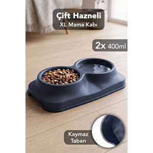 400ml Çift Bölmeli Mama Kabı - Kaymaz Taban Kedi Köpek Evcil Hayvan Mama Kasesi Su Kabı Lacivert