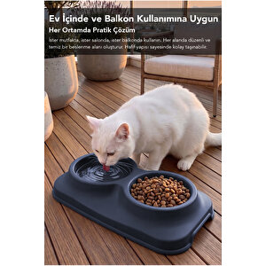 400ml Çift Bölmeli Mama Kabı - Kaymaz Taban Kedi Köpek Evcil Hayvan Mama Kasesi Su Kabı Lacivert