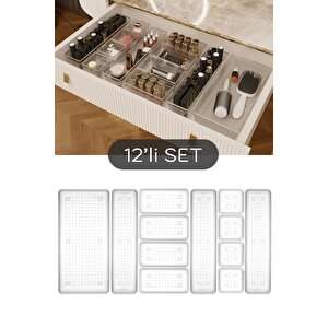 12'li Dolap İçi Takı Makyaj Organizer - Çekmece İçi Düzenleyici Set Şeffaf
