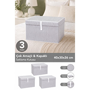 3'lü Set Kapaklı Çok Amaçlı Hurç Saklama Kutusu Organizer Mini 40 X 30 X 26 Cm Gri