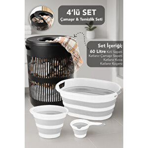 4'lü Set - 60 Lt Solara Kirli Sepeti Siyah, Katlanabilir Silikon Çamaşır Sepeti, Su Kovası, Maşrapa