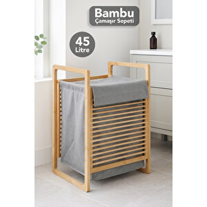 45 Lt Bambu Çamaşır Sepeti - Yıkanabilir Bez İç Hazneli Modern Ve Dekoratif Kirli Sepeti Gri