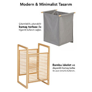 45 Lt Bambu Çamaşır Sepeti - Yıkanabilir Bez İç Hazneli Modern Ve Dekoratif Kirli Sepeti Gri