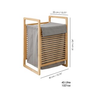 45 Lt Bambu Çamaşır Sepeti - Yıkanabilir Bez İç Hazneli Modern Ve Dekoratif Kirli Sepeti Gri