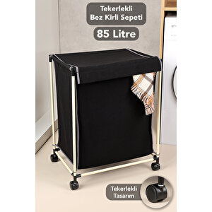 Tekerlekli Kirli Çamaşır Sepeti - 85 Litre Kumaş Kapaklı Kirli Sepeti Siyah
