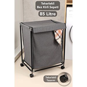Tekerlekli Kirli Çamaşır Sepeti - 85 Litre Kumaş Kapaklı Kirli Sepeti Gri