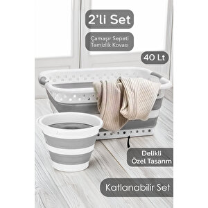 2'li Silikon Katlanır Set - Büyük Boy Katlanabilir Çamaşır Sepeti Akordiyon Su Kovası Gri