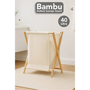 Katlanır Bambu Çamaşır Sepeti - Yıkanabilir İç Hazneli Natural Kirli Çamaşır Sepeti 40 Lt Bej