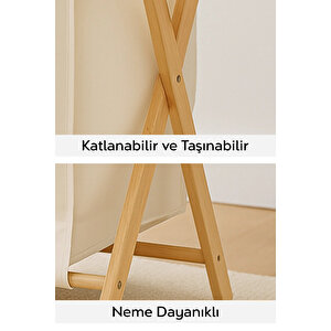Katlanır Bambu Çamaşır Sepeti - Yıkanabilir İç Hazneli Natural Kirli Çamaşır Sepeti 40 Lt Bej
