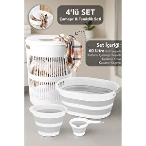 4'lü Set - 60 Lt Solara Kirli Sepeti Beyaz, Katlanabilir Silikon Çamaşır Sepeti, Su Kovası, Maşrapa