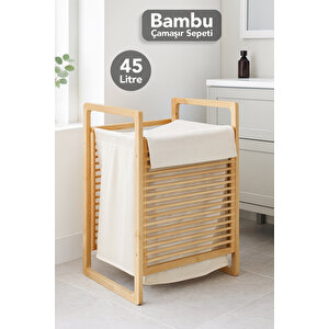 45 Lt Bambu Çamaşır Sepeti - Dekoratif Natural Yıkanabilir İç Hazneli Kirli Çamaşır Sepeti