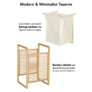 45 Lt Bambu Çamaşır Sepeti - Dekoratif Natural Yıkanabilir İç Hazneli Kirli Çamaşır Sepeti
