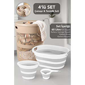 4'lü Set - 60 Lt Solara Kirli Sepeti Bej, Katlanabilir Silikon Çamaşır Sepeti, Su Kovası, Maşrapa