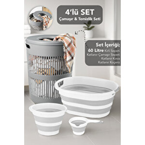 4'lü Set - 60 Lt Solara Kirli Sepeti Gri, Katlanabilir Silikon Çamaşır Sepeti, Su Kovası, Maşrapa