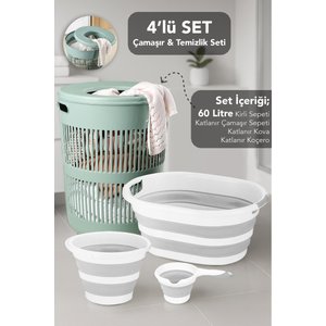 4'lü Set - 60 Lt Solara Kirli Sepeti Yeşil, Katlanabilir Silikon Çamaşır Sepeti, Su Kovası, Maşrapa