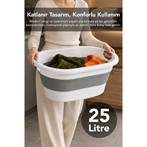 3'lü Katlanabilir Banyo Seti - Akordiyon Silikon Kulplu Çamaşır Sepeti Su Kovası Maşrapa Gri