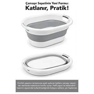 3'lü Katlanabilir Banyo Seti - Akordiyon Silikon Kulplu Çamaşır Sepeti Su Kovası Maşrapa Gri