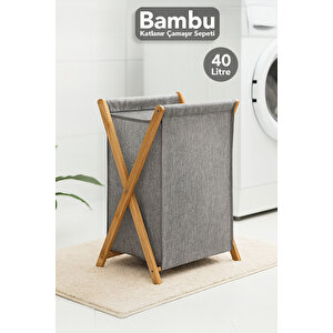 Katlanır Bambu Çamaşır Sepeti - Yıkanabilir İç Hazneli Natural Kirli Çamaşır Sepeti 40 Lt Gri