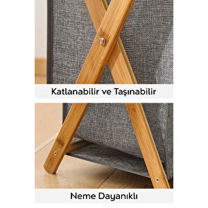 Katlanır Bambu Çamaşır Sepeti - Yıkanabilir İç Hazneli Natural Kirli Çamaşır Sepeti 40 Lt Gri