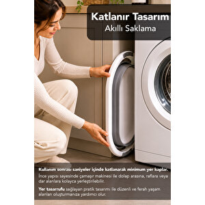 2'li Katlanabilir Banyo Seti - Silikon Kulplu Akordiyon Çamaşır Sepeti Ve Katlanır Su Kovası Gri