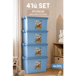 4'lü Set - 30 Lt Kilitli Oyuncak Saklama Kutusu - Çok Amaçlı Organizer Kiler Erzak Çocuk Odası Düzenleyici Kasa Mavi