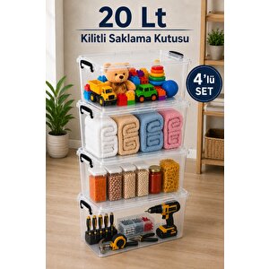 4'lü Set 20 Lt Kilitli Saklama Kutusu Çok Amaçlı Düzenleyici Kiler Erzak Hırdavat Oyuncak Organizer