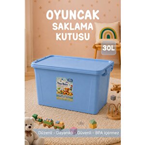 30 Lt Kilitli Oyuncak Saklama Kutusu - Çok Amaçlı Organizer Kiler Erzak Çocuk Odası Düzenleyici Kasa Mavi