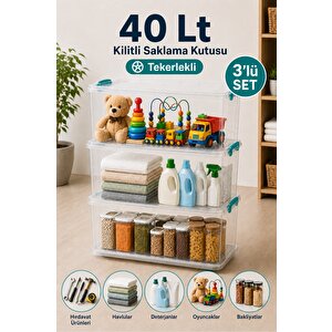 3'lü Set 40 Lt Tekerlekli Kilitli Saklama Kutusu Çok Amaçlı Düzenleyici Hırdavat Oyuncak Erzak Kabı