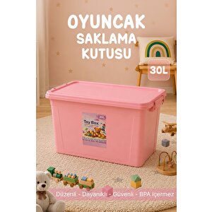 30 Lt Kilitli Oyuncak Saklama Kutusu - Çok Amaçlı Organizer Kiler Erzak Çocuk Odası Düzenleyici Kasa Pembe