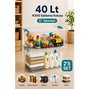 2'li Set 40 Lt Tekerlekli Kilitli Saklama Kutusu Çok Amaçlı Düzenleyici Hırdavat Oyuncak Erzak Kabı