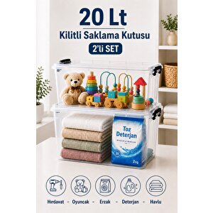 2'li Set 20 Lt Kilitli Saklama Kutusu Çok Amaçlı Düzenleyici Kiler Erzak Hırdavat Oyuncak Organizer
