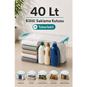 40 Lt Tekerlekli Kilitli Saklama Kutusu - Çok Amaçlı Düzenleyici Erzak Hırdavat Oyuncak Saklama Kabı