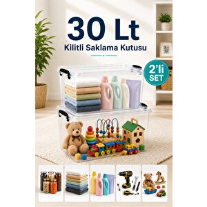 2'li 30 Lt Kilitli Saklama Kutusu Çok Amaçlı Kiler Erzak Hırdavat Deterjan Oyuncak Düzenleyici Organizer