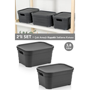 2 Adet Kapaklı Dekoratif Piramit Saklama Kutusu - Dolap Düzenleyici Organizer 3,8 Litre Antrasit