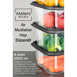 4 Adet Kare Erzak Gıda Saklama Kabı - Mikrodalga Derin Dondurucu Saklama Kabı 3300ml Antrasit