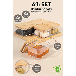 6 Parça Bambu Kapaklı Kahvaltı Saklama Kabı - Bambu Tepsili Hava Almaz Vakum Kapak Kahvaltılık Set