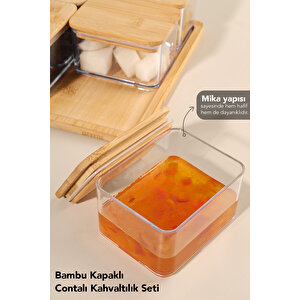 6 Parça Bambu Kapaklı Kahvaltı Saklama Kabı - Bambu Tepsili Hava Almaz Vakum Kapak Kahvaltılık Set