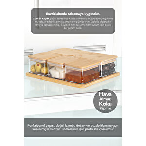 6 Parça Bambu Kapaklı Kahvaltı Saklama Kabı - Bambu Tepsili Hava Almaz Vakum Kapak Kahvaltılık Set