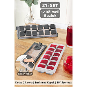 2 Adet Silikon Bas Çıkar Buzluk - 12 Hazneli Kapaklı Yapışmaz Silikon Kokteyl Sunum Buz Kalıbı Gri