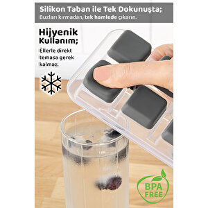 2 Adet Silikon Bas Çıkar Buzluk - 12 Hazneli Kapaklı Yapışmaz Silikon Kokteyl Sunum Buz Kalıbı Gri