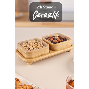 2'li Standlı Kare Bambu Çerezlik - Kapaklı Kahve Yanı Sunumluk Bambu Kase Kahvaltılık Sunum Kasesi