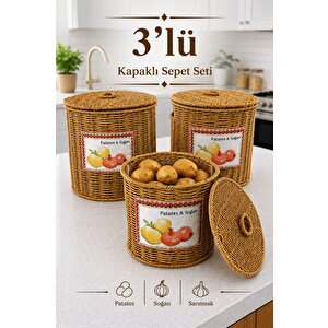 3'lü Hasır Kapaklı Patates Soğan Sepeti Seti Rattan Görünümlü Çok Amaçlı Mutfak Sepeti Diğer