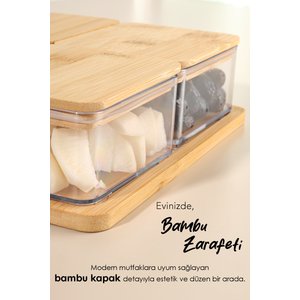 5 Parça Bambu Kapaklı Kahvaltılık Seti - Bambu Tepsili Vakumlu Sızdırmaz Kapaklı Saklama Kabı 400 Ml